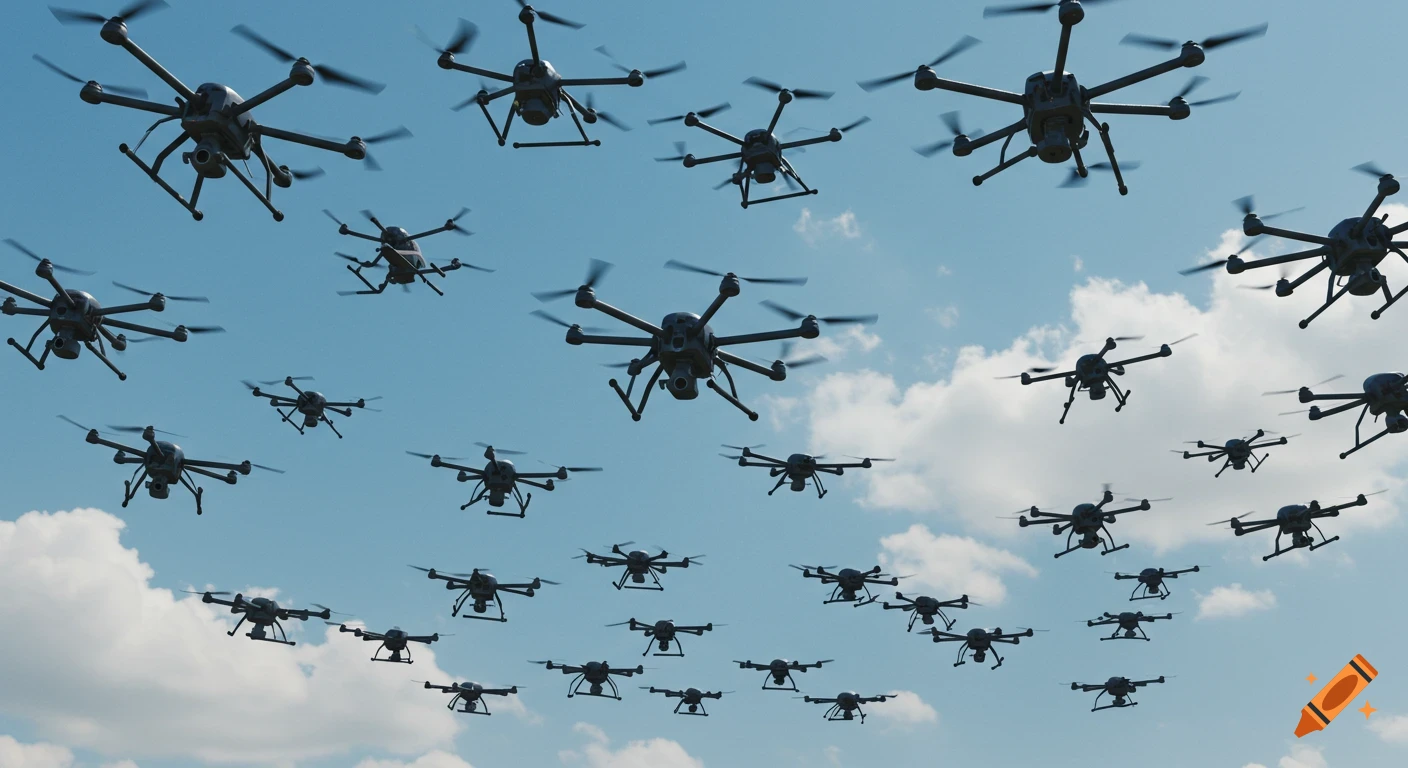 A swarm of many dark-colored drones flying in a cloudy blue sky.