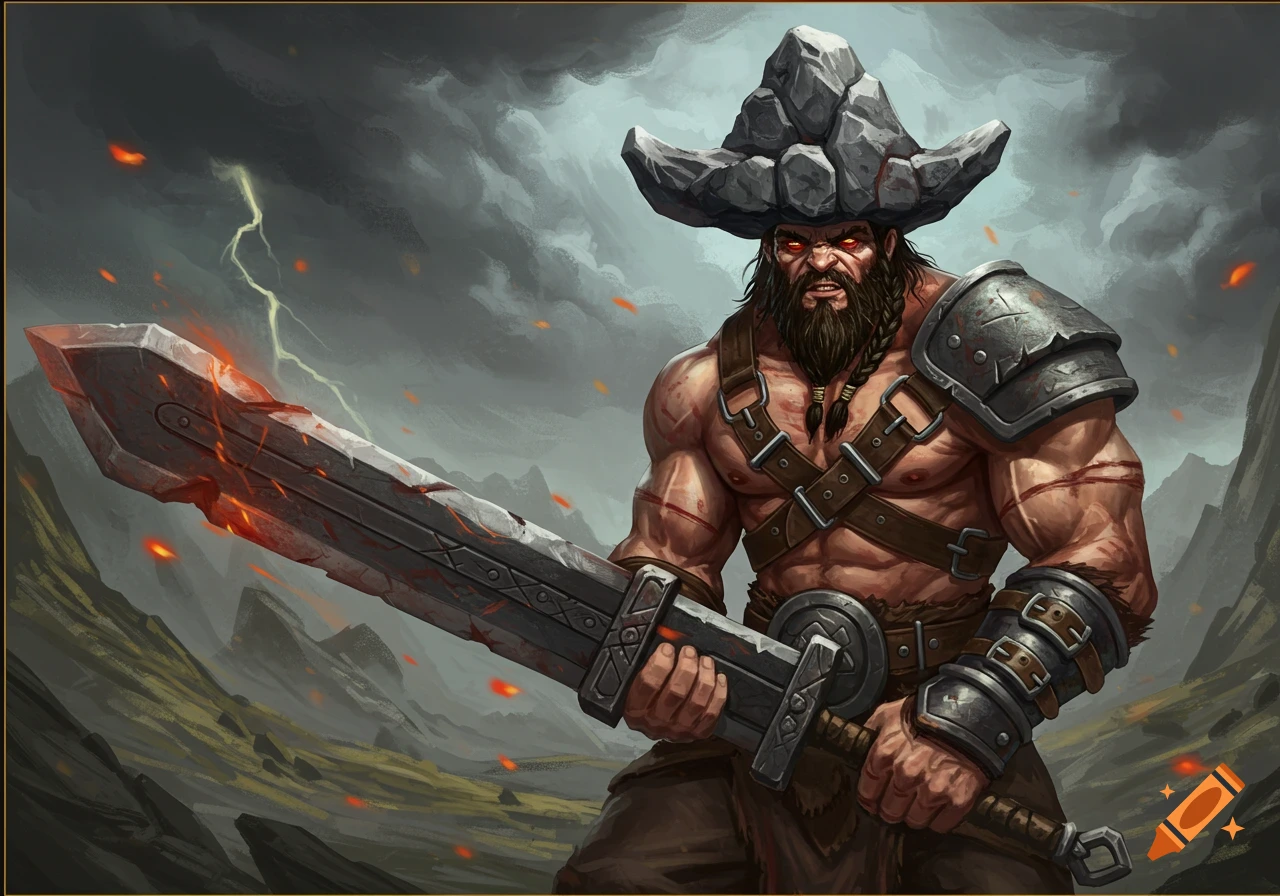 Muscular barbarian with a rock hat holds a large glowing sword against a stormy sky, digital painting