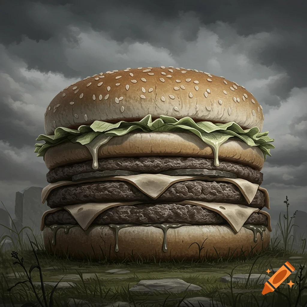 A large, multi-layered burger stands in a dark, stormy landscape.