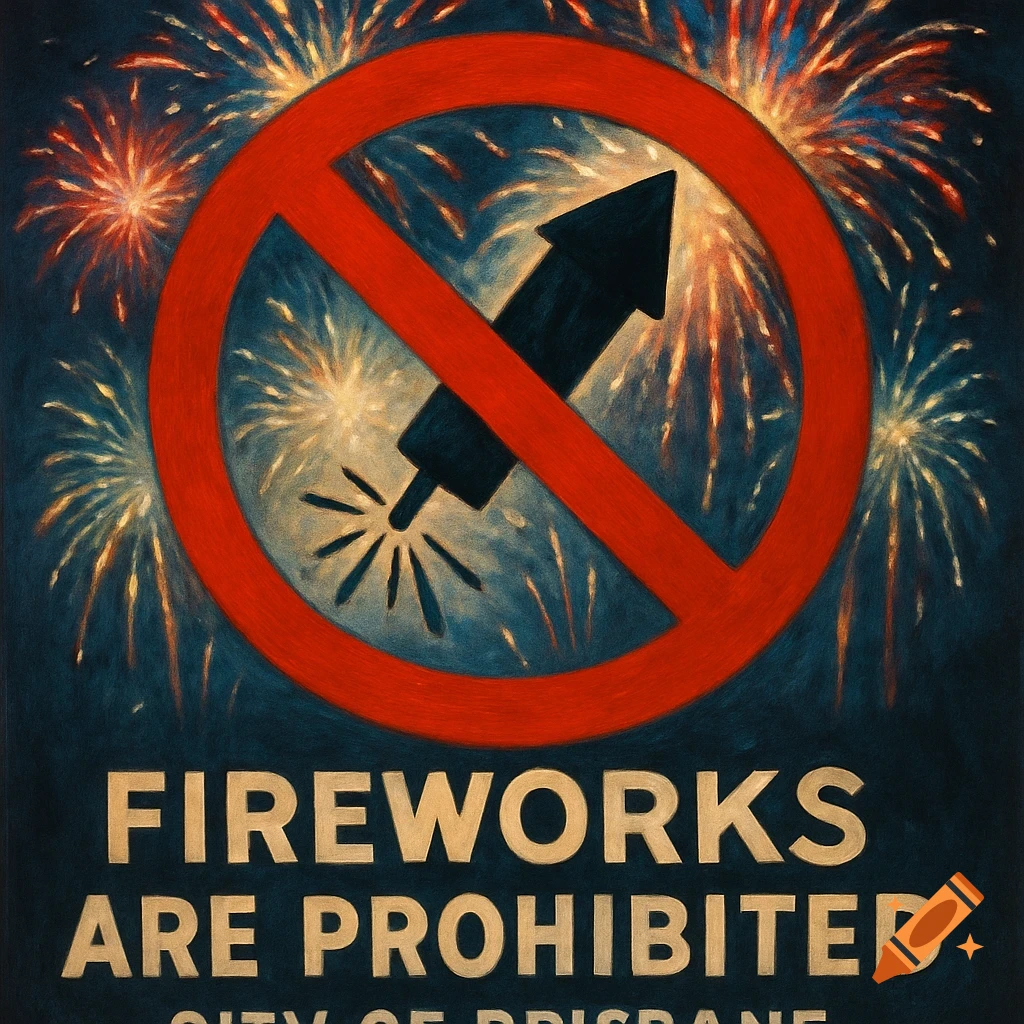 A poster-style sign shows a red circle with a diagonal line over a firework, with text reading "FIREWORKS ARE PROHIBITED CITY OF BRISBANE". Fireworks are in the background.
