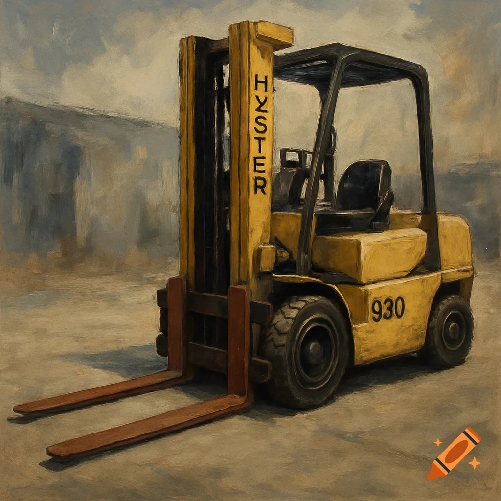 An oil painting of a yellow Hyster forklift in an industrial yard.