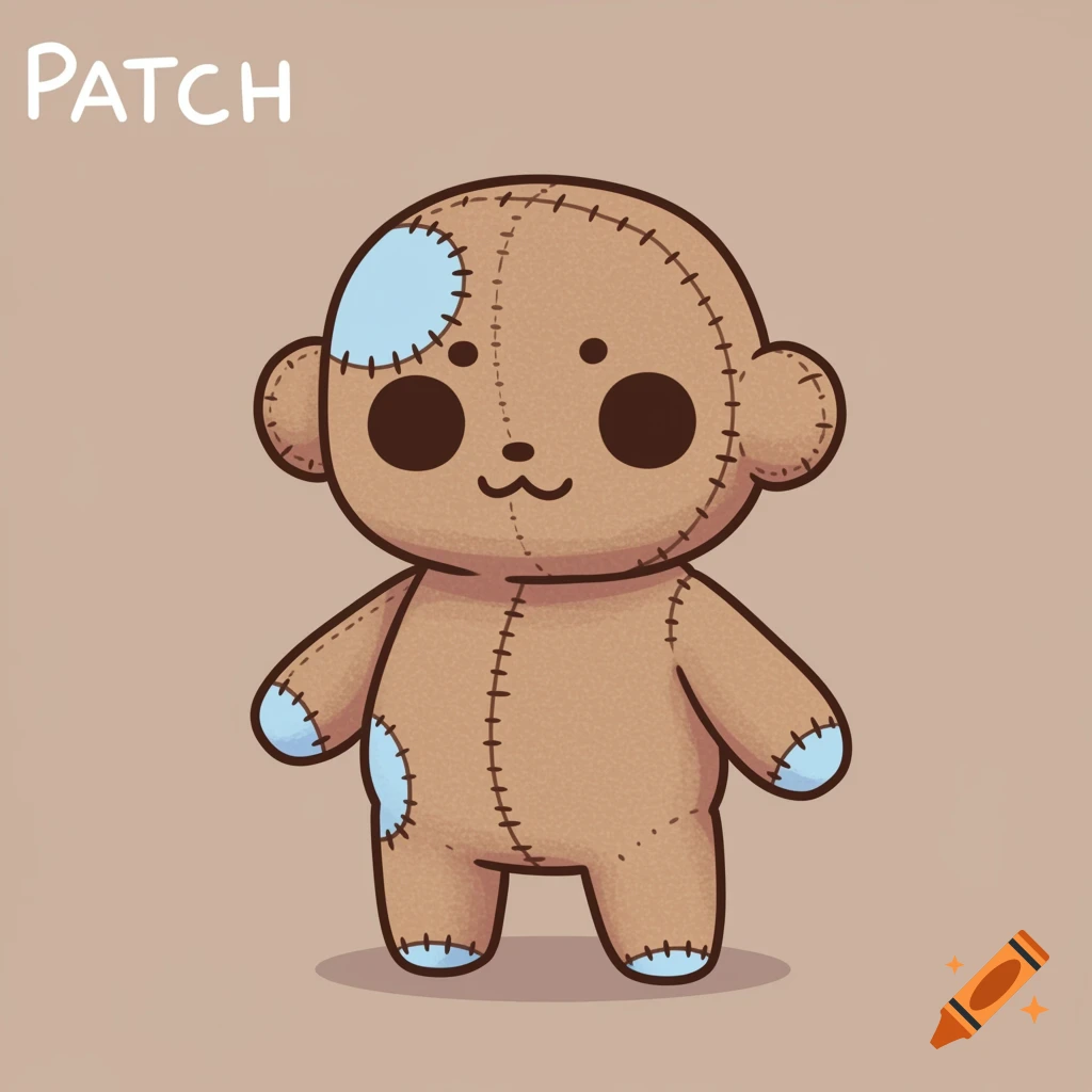 A cute cartoon plush toy character named PATCH, stitched together with brown fabric and blue patches.