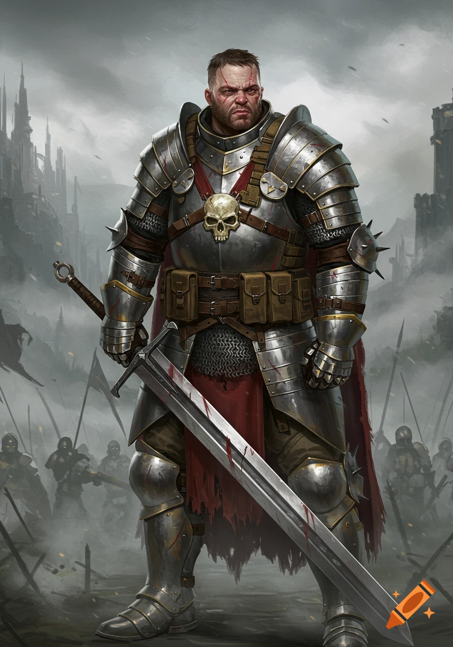 A heavily armored knight stands on a misty battlefield holding a large sword.