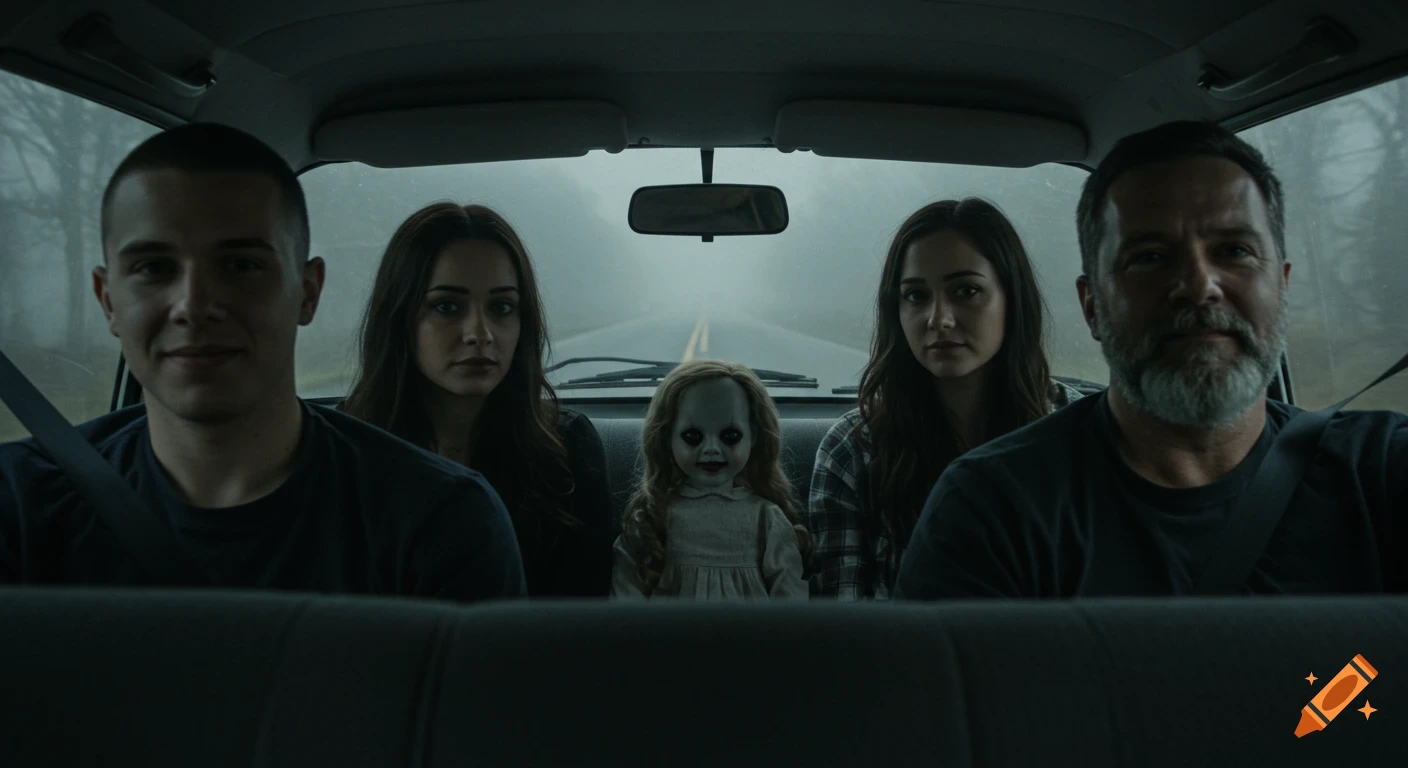 Photorealistic image of people and a creepy doll in a car on a foggy road.