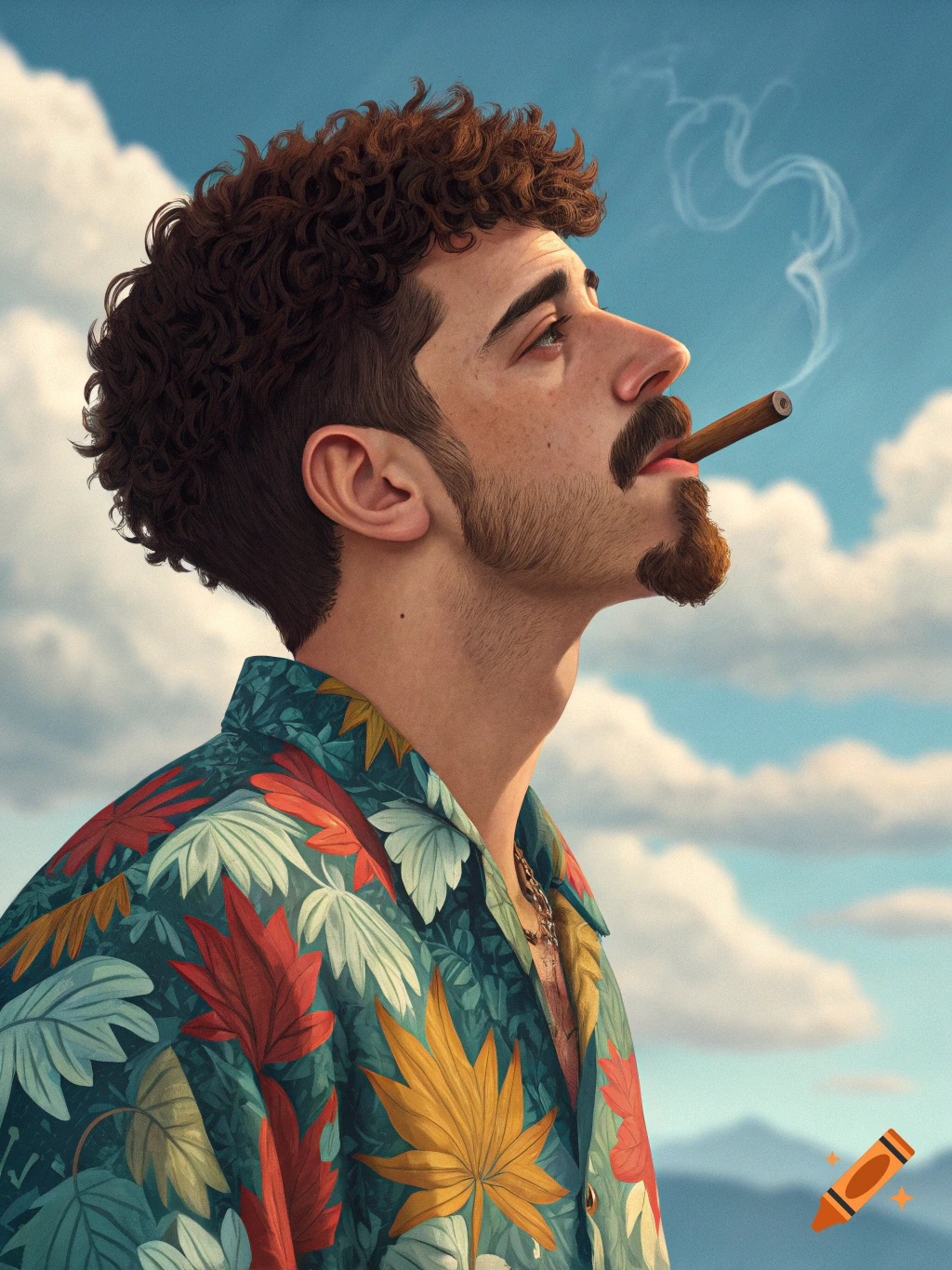 Close-up portrait of a man with curly hair and beard smoking a cigar, wearing a tropical shirt, against a cloudy sky.