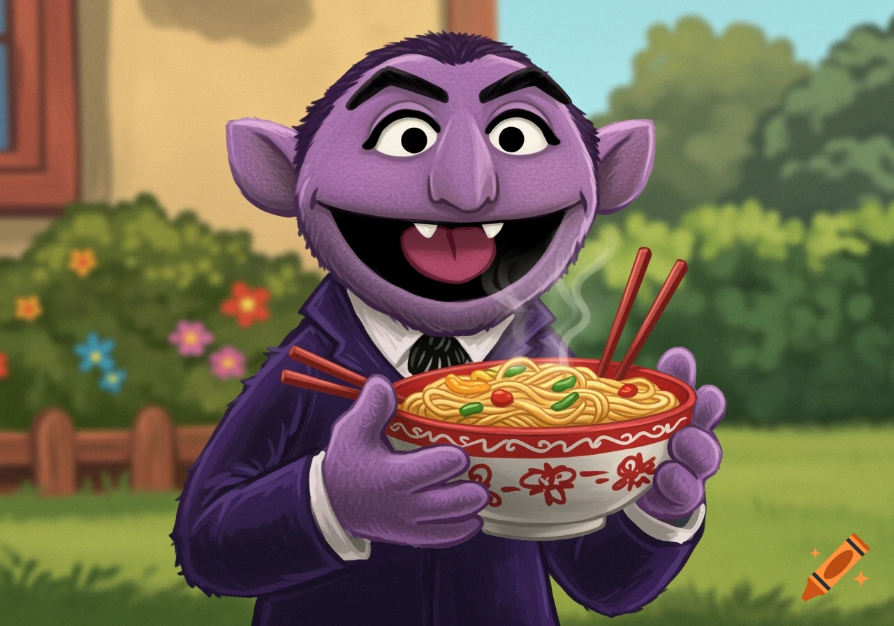 The Count from Sesame Street holds a steaming bowl of noodles with chopsticks in an illustration.