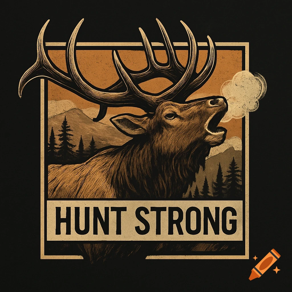 Stylized illustration of a bugling elk head and antlers in a square frame with mountain and forest background and 'HUNT STRONG' text.