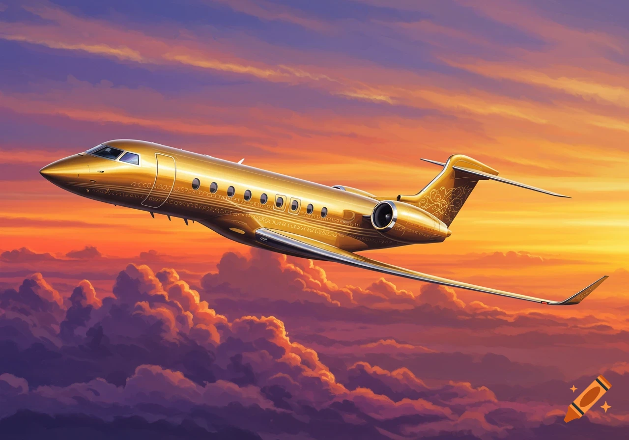 A golden private jet flies through dramatic clouds during sunset.