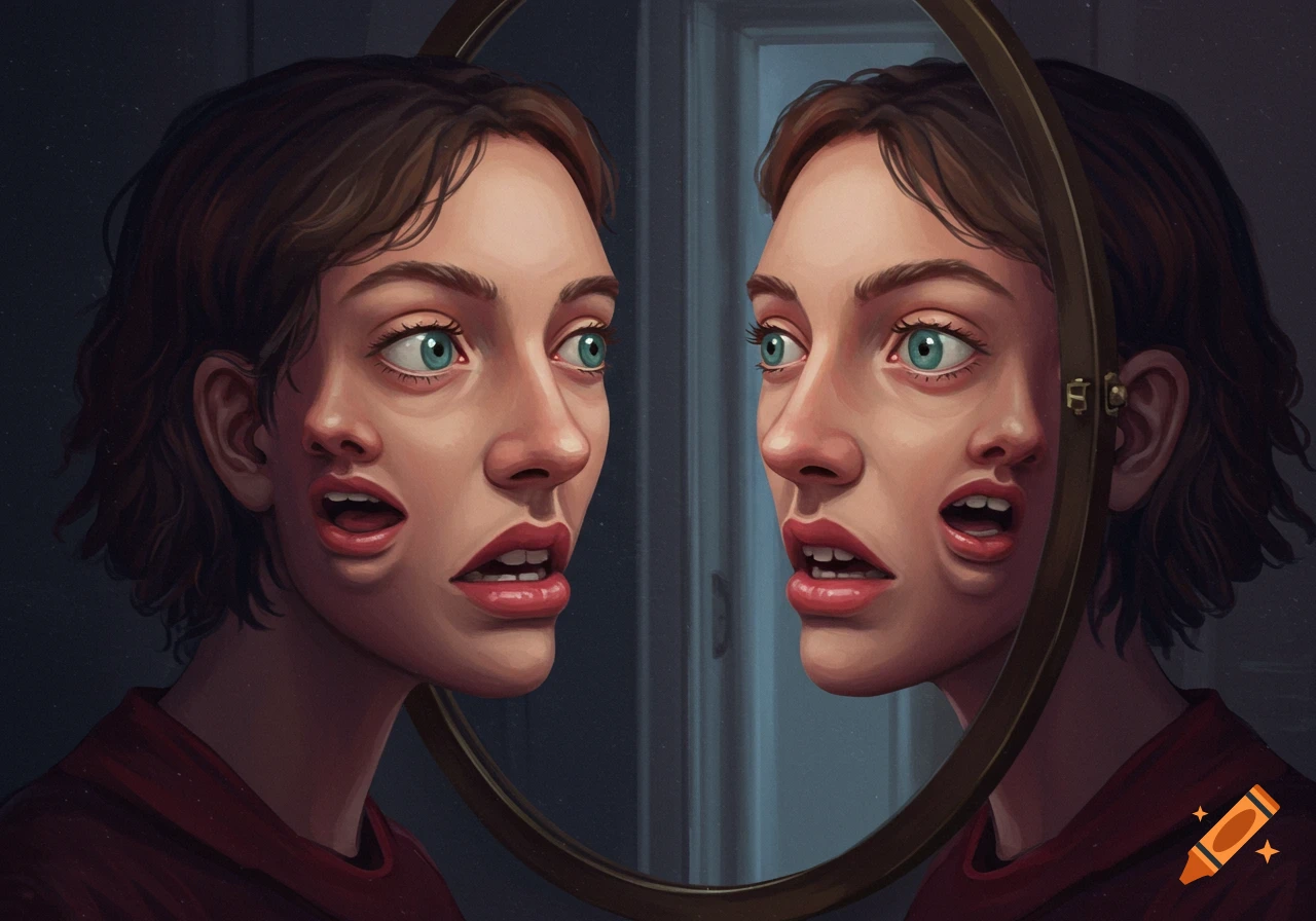 A woman looks into a mirror where her reflection has scrambled facial features.