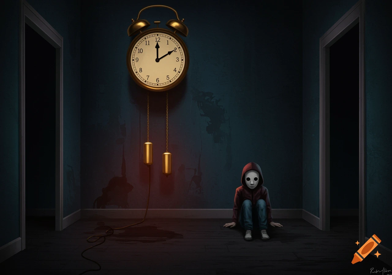 A masked child sits on the floor in a dark, empty room with a large clock on the wall.