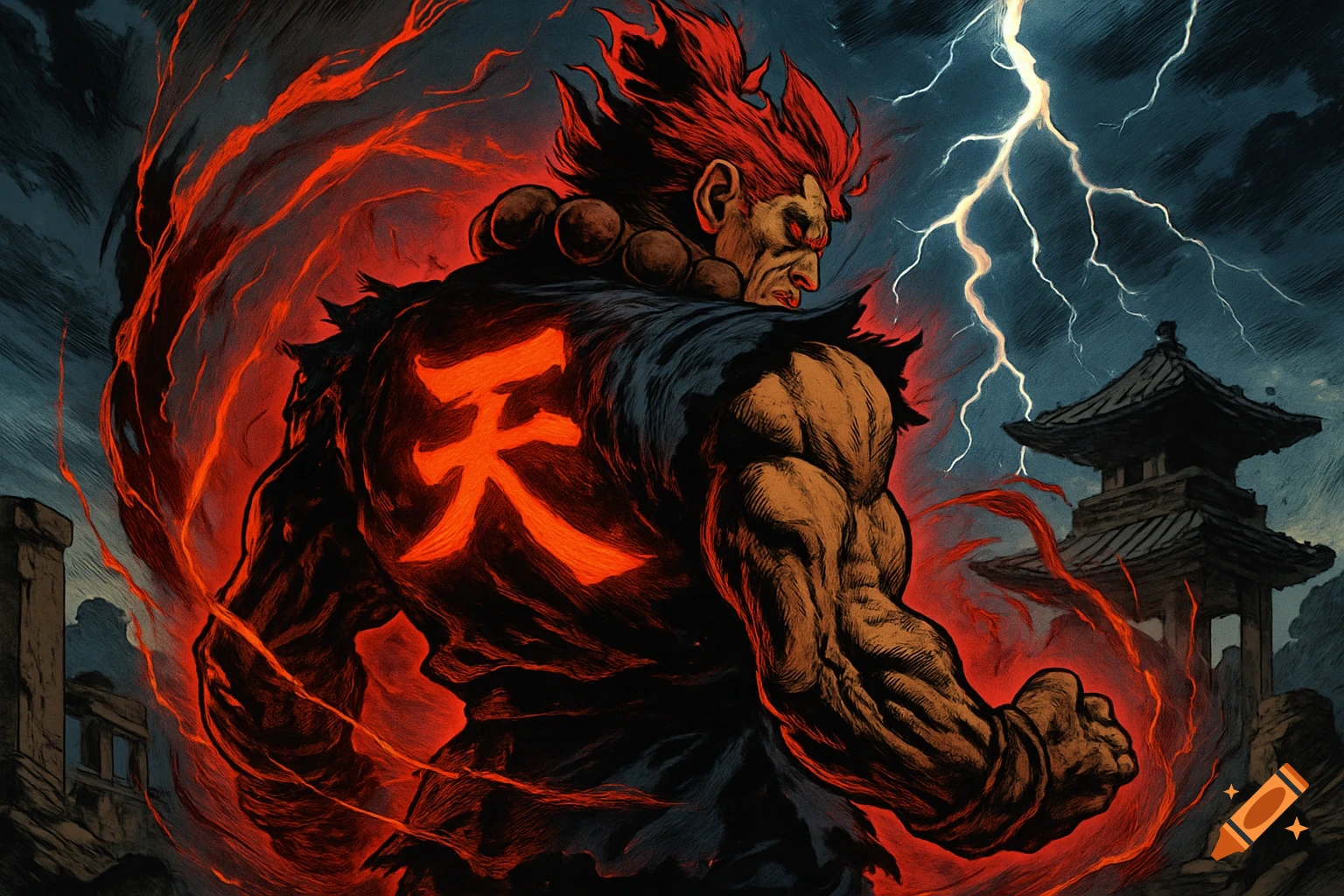 Akuma from Street Fighter with a glowing kanji on his back, surrounded by a red aura and lightning, stylized art.