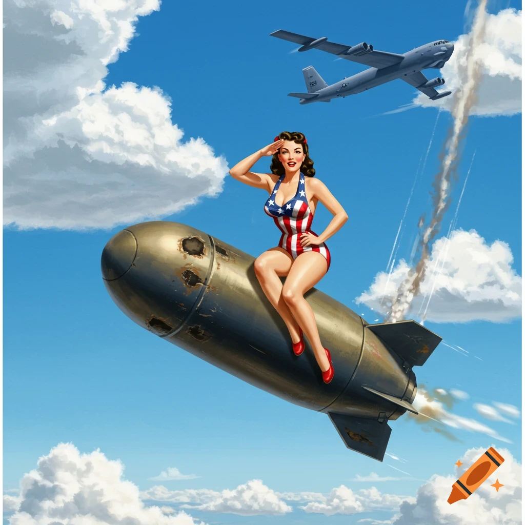 Pin-up woman in US flag swimsuit rides a bomb, saluting, with a B-52 bomber above.
