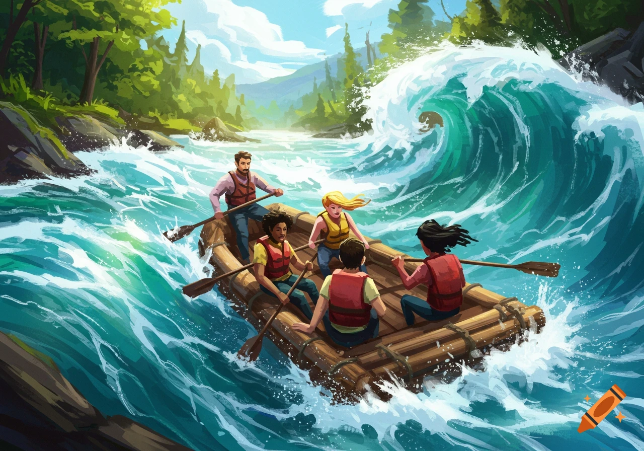 Illustration of people rafting down a river with rapids