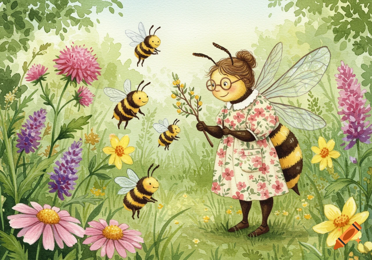 Watercolor painting of a teacher bee in a dress standing among flowers with bee students flying around.