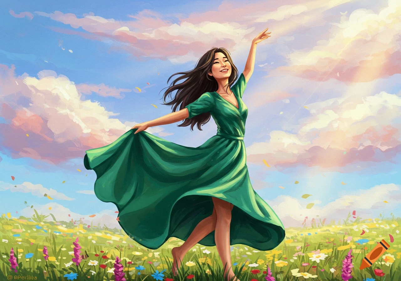 Illustration of a woman in a green dress dancing in a sunny field of flowers.