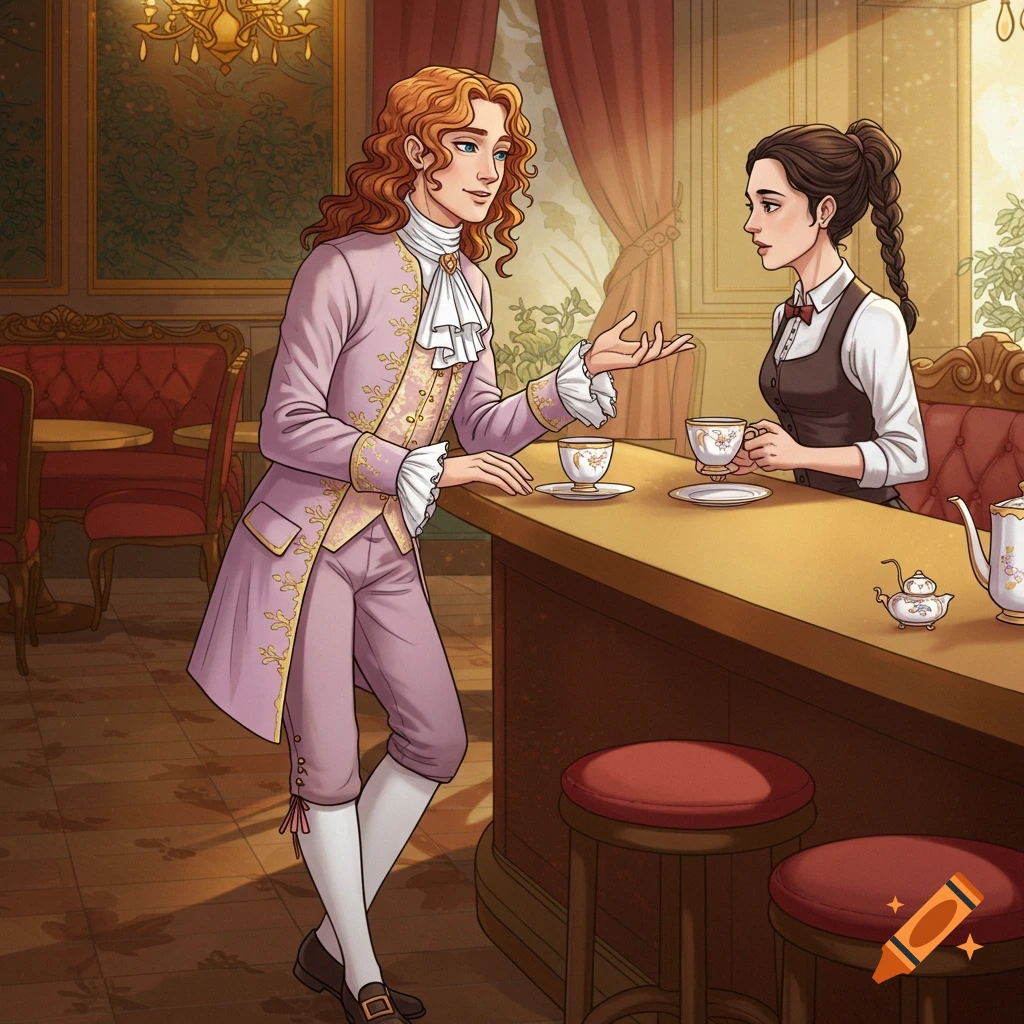 An illustration of a person in 18th-century clothing talking to a person behind a counter in a cafe.