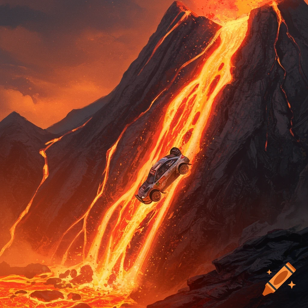 Rally car goes down the side of a volcano covered in flowing molten lava.