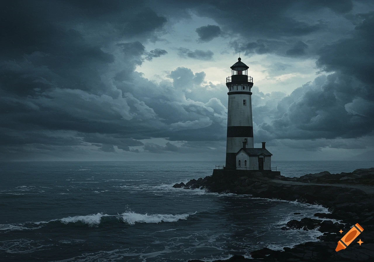 A lighthouse stands on a rocky shore under a dark, stormy sky.