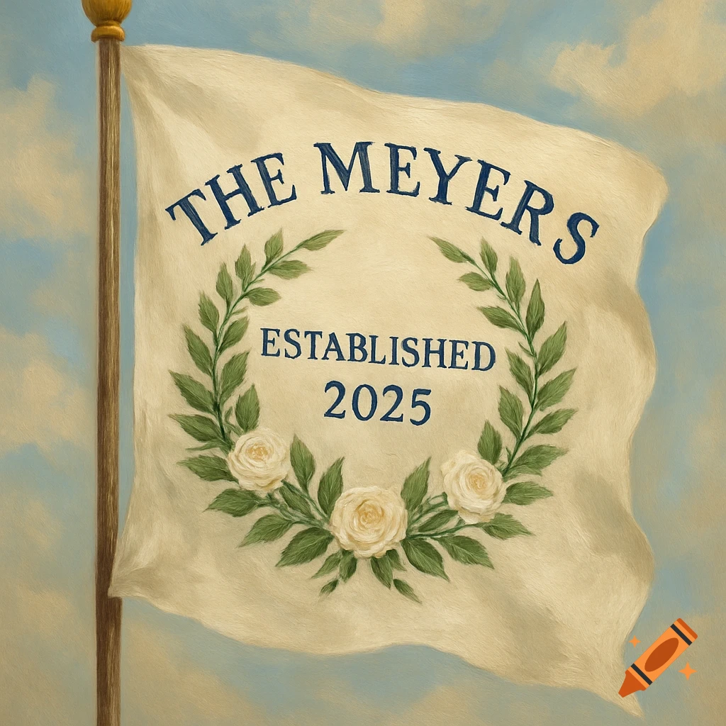 A flag with 'The Meyers Established 2025' and a floral wreath with roses, painted style.