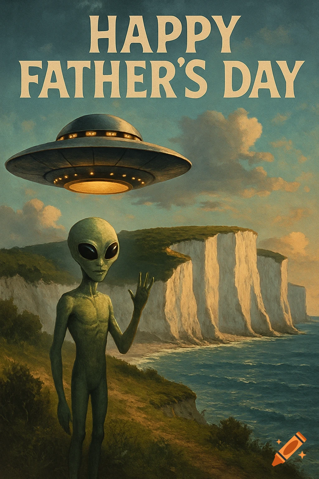 Vintage poster of an alien standing by cliffs with a UFO overhead and 'Happy Father's Day' text.