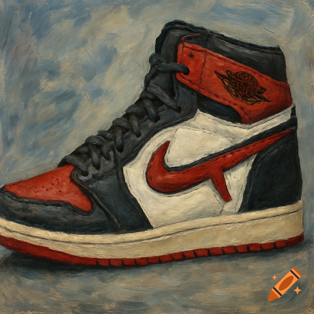 An oil painting of a Nike Air Jordan 1 shoe, featuring a distorted Nike logo, against a textured blue background.