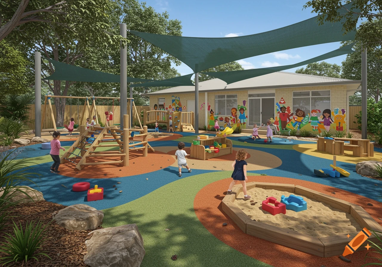 Children playing in a colorful outdoor playground at a childcare center.