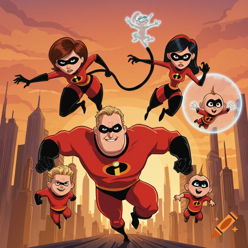 The Incredibles family, including Mr. Incredible, Elastigirl, Violet, and Jack-Jack, flying over a city.