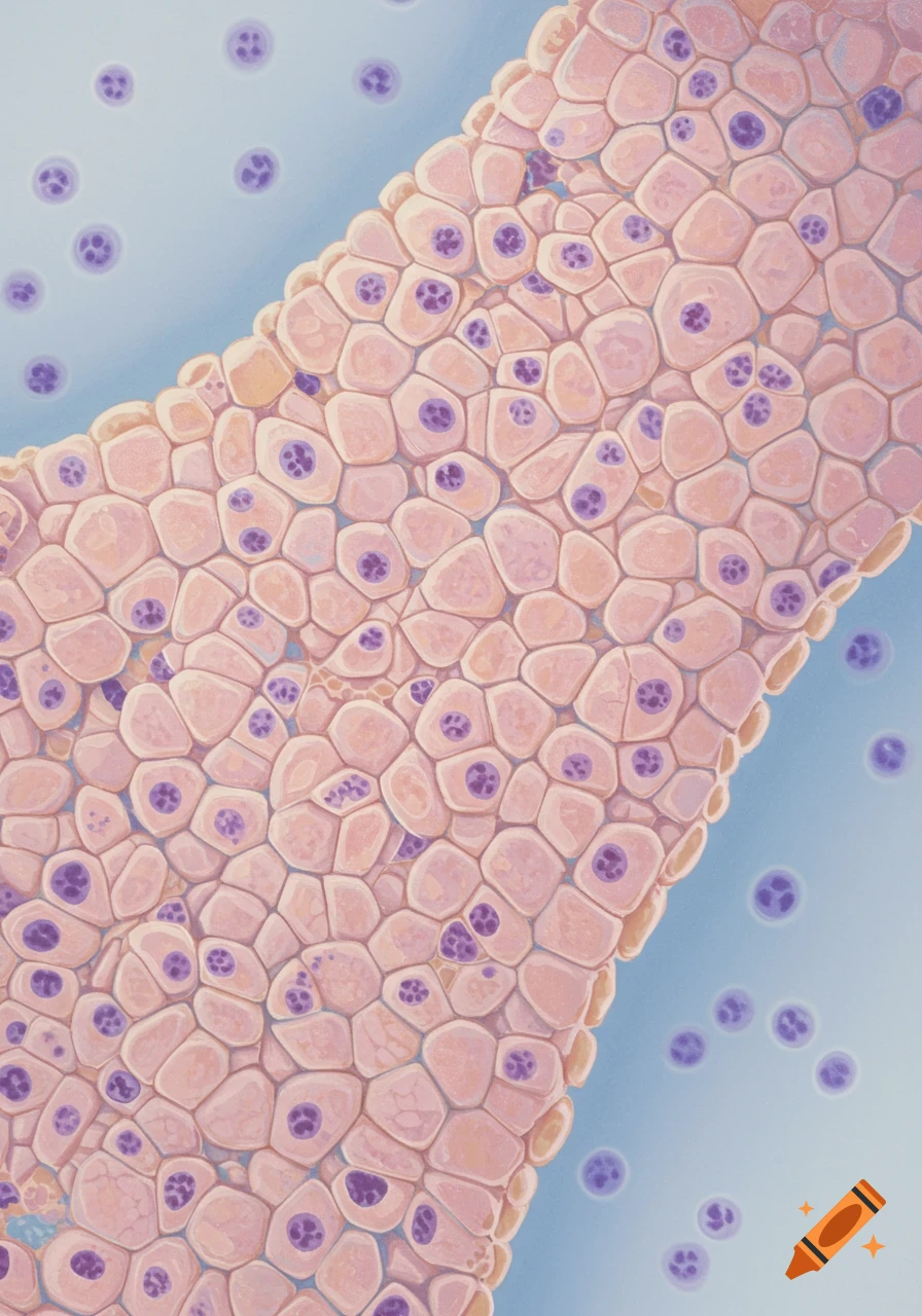 Microscopic view of pink epithelial cells with purple nuclei, surrounded by smaller round cells.