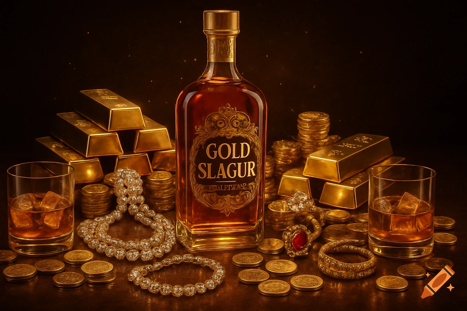 Still life of a bottle of Gold Slagur alcohol surrounded by gold bars, coins, and jewelry in a luxurious setting.