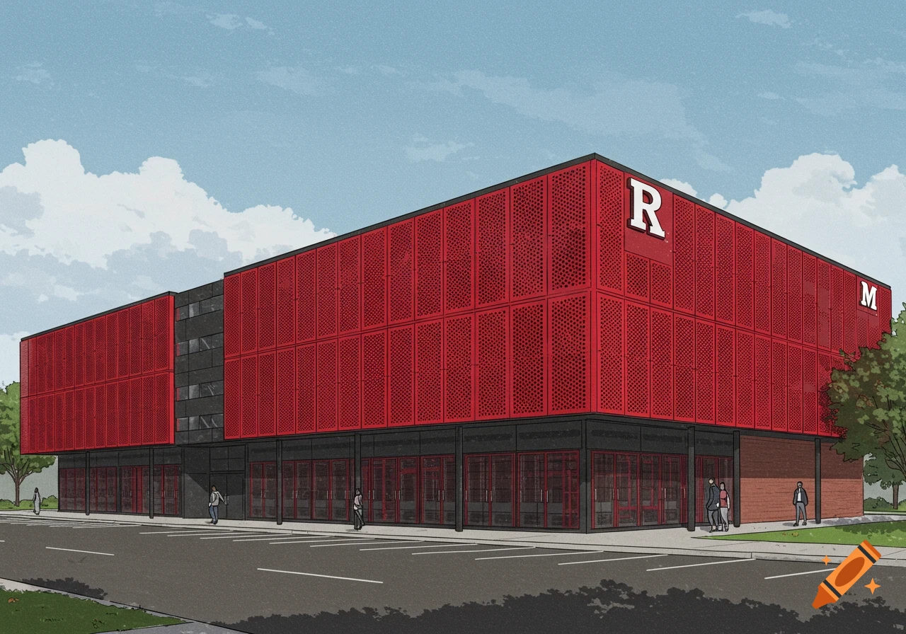 Stylized drawing of a modern building with red screens and large R and M logos.