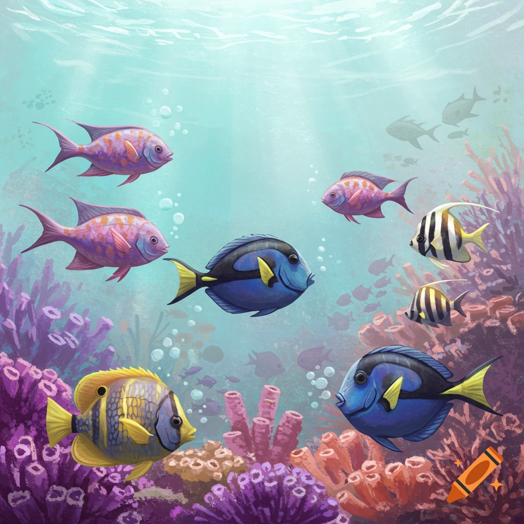 Colorful fish swim in a vibrant underwater coral reef illustration.