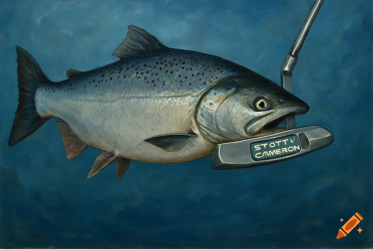 Painting of a salmon holding a golf putter in its mouth.