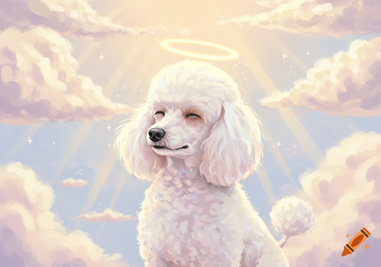 An illustration of a white poodle with a halo sitting among clouds in a heavenly sky.