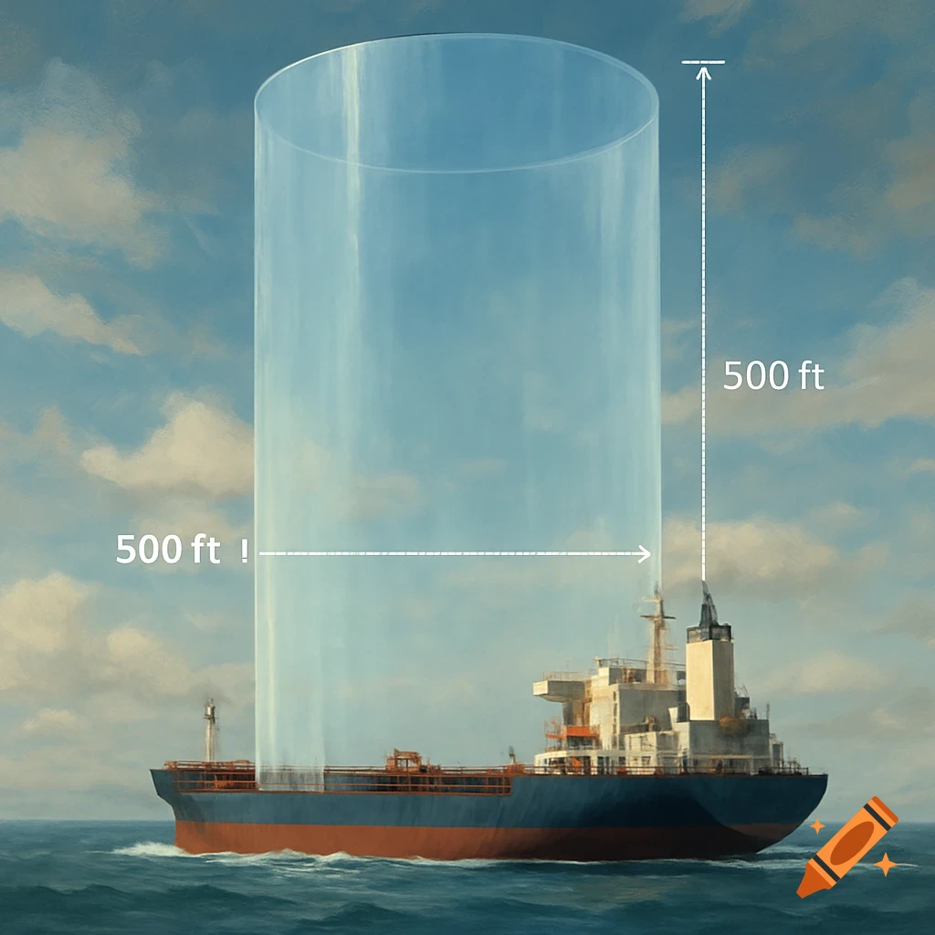 An illustration of a large cargo ship at sea with a translucent cylinder 500 ft high and 500 ft wide above it, labels included.