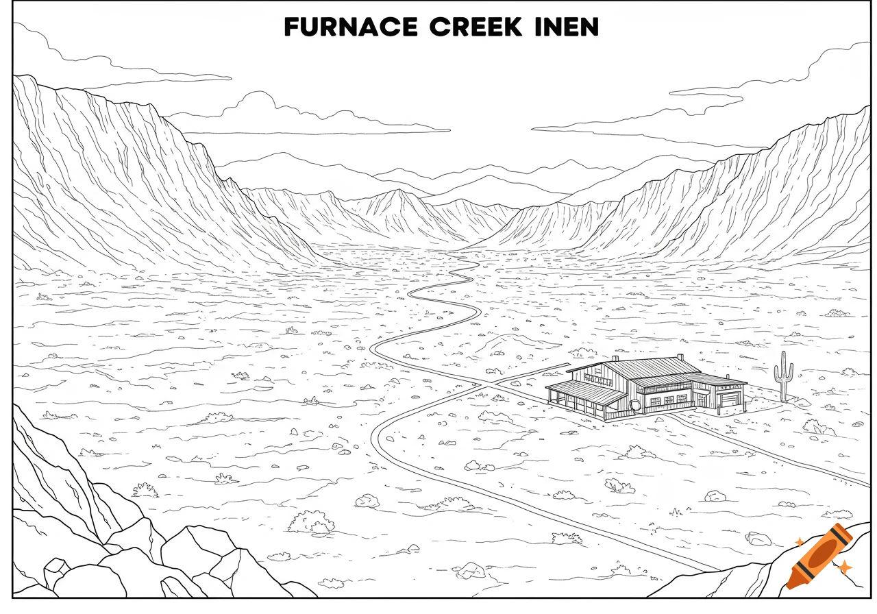 Black and white outline coloring page of a desert landscape with mountains, a road, and a building.