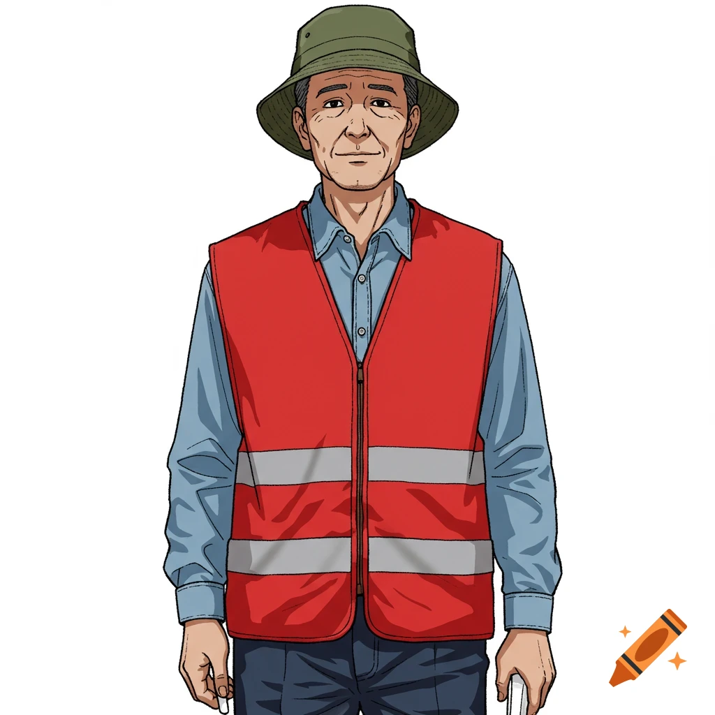 An illustration of a man wearing a red safety vest and a bucket hat.