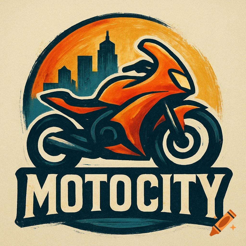 Stylized logo of an orange and black motorcycle in front of a city skyline with the text 'MOTOCITY'.