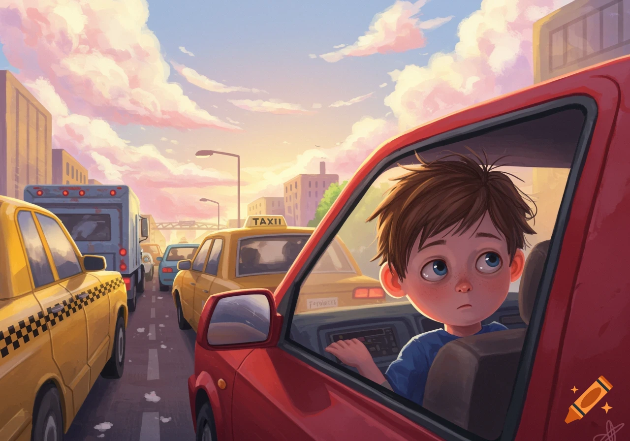 Illustration of a boy looking bored while stuck in traffic.