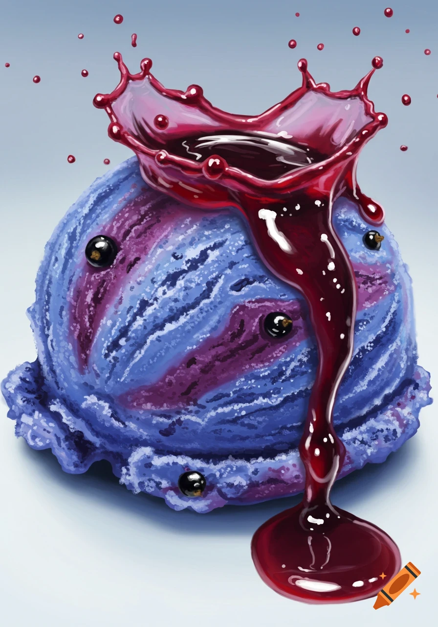 A scoop of blue and purple ice cream with black currants and a red berry sauce splash.