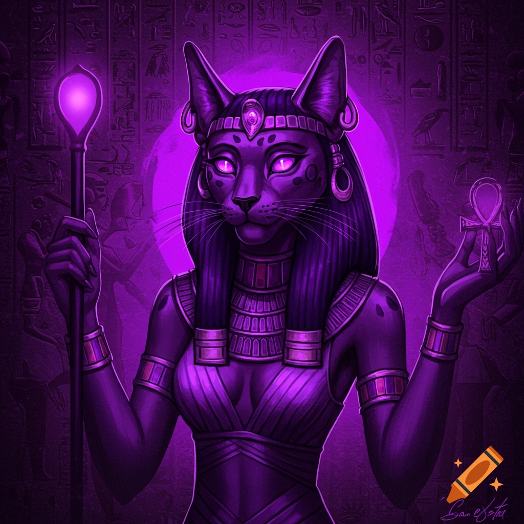 Purple artistic portrait of Bastet, the Egyptian cat goddess, holding a staff and ankh against a hieroglyphic background.