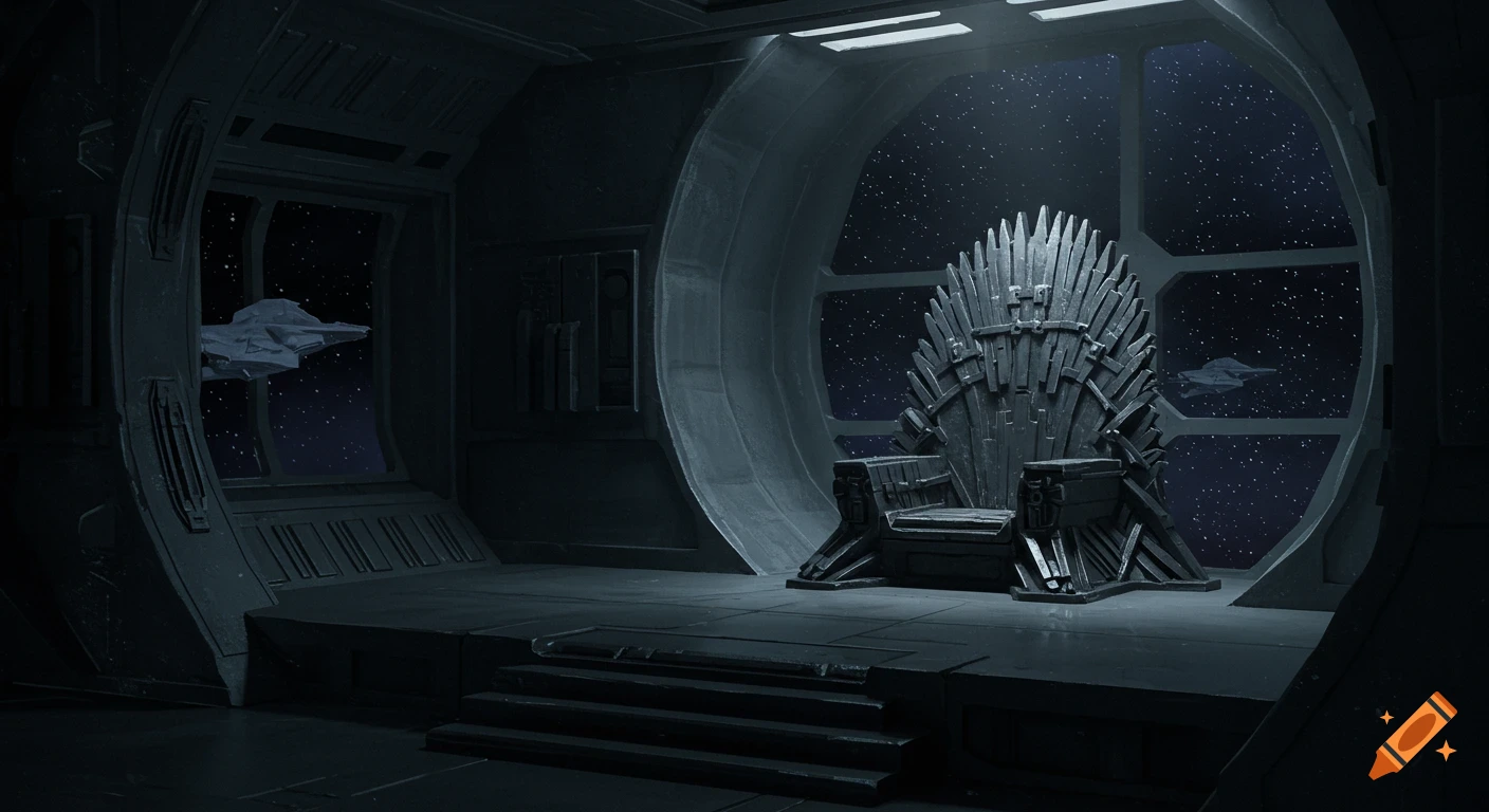 A brutal metal throne sits in a dark futuristic room with windows showing spaceships and stars in space.