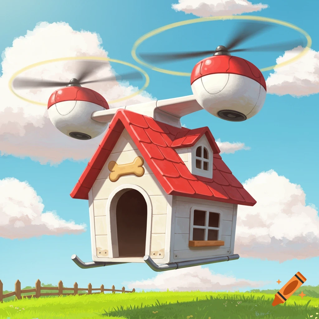 A cartoon doghouse with helicopter rotors flies over a grassy field.