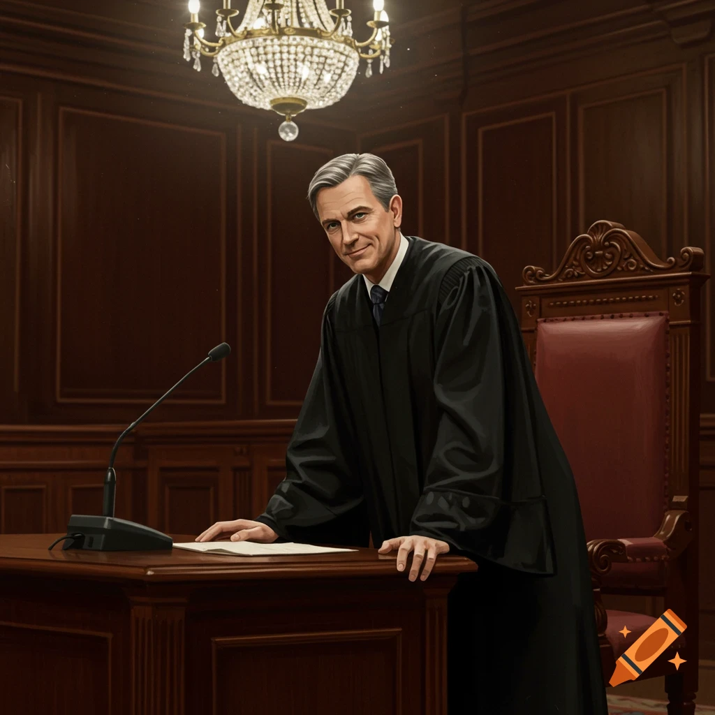 A judge in a black robe stands at a desk in a courtroom.