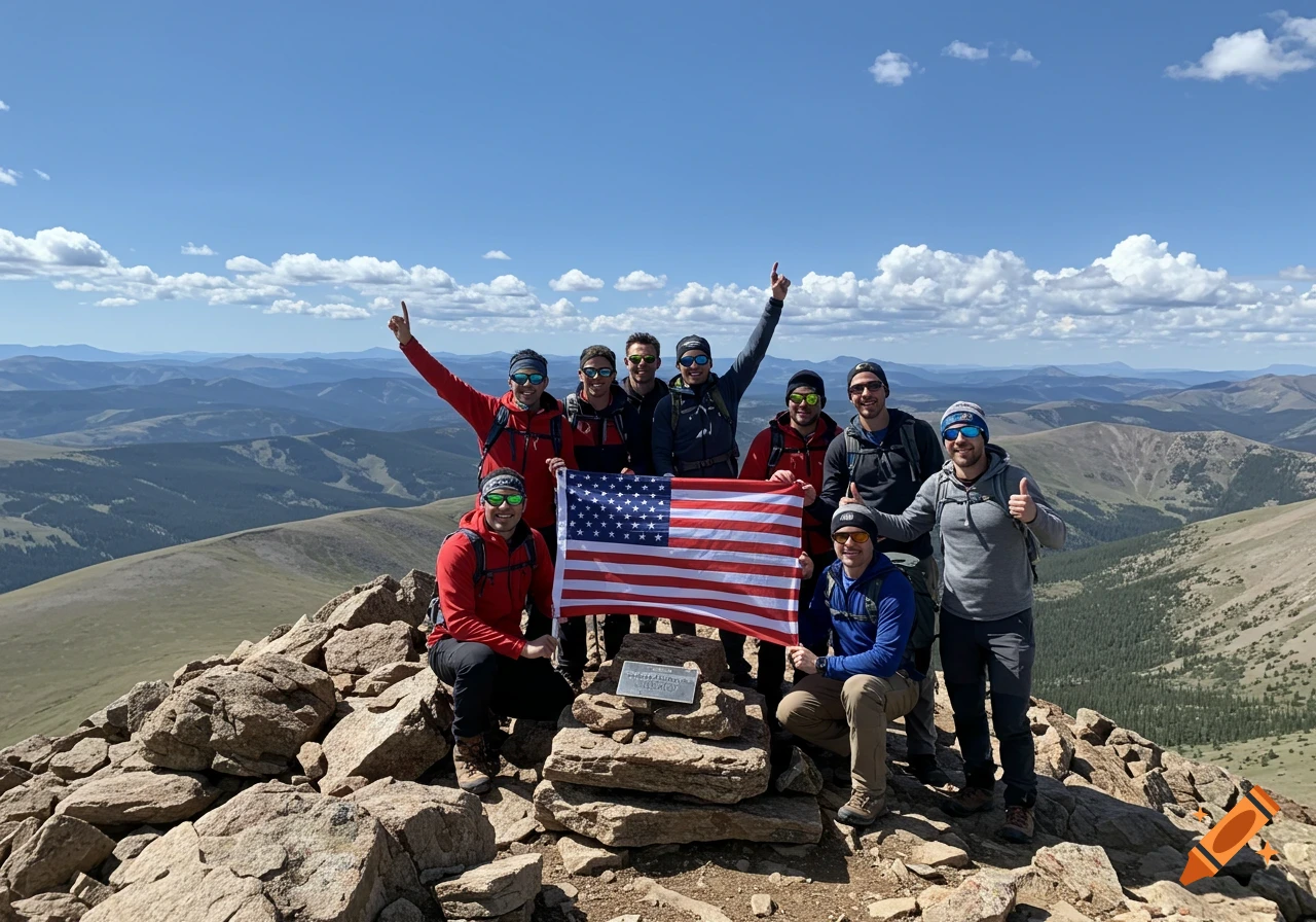 Group of friends on a mountain summit holding an American flag.