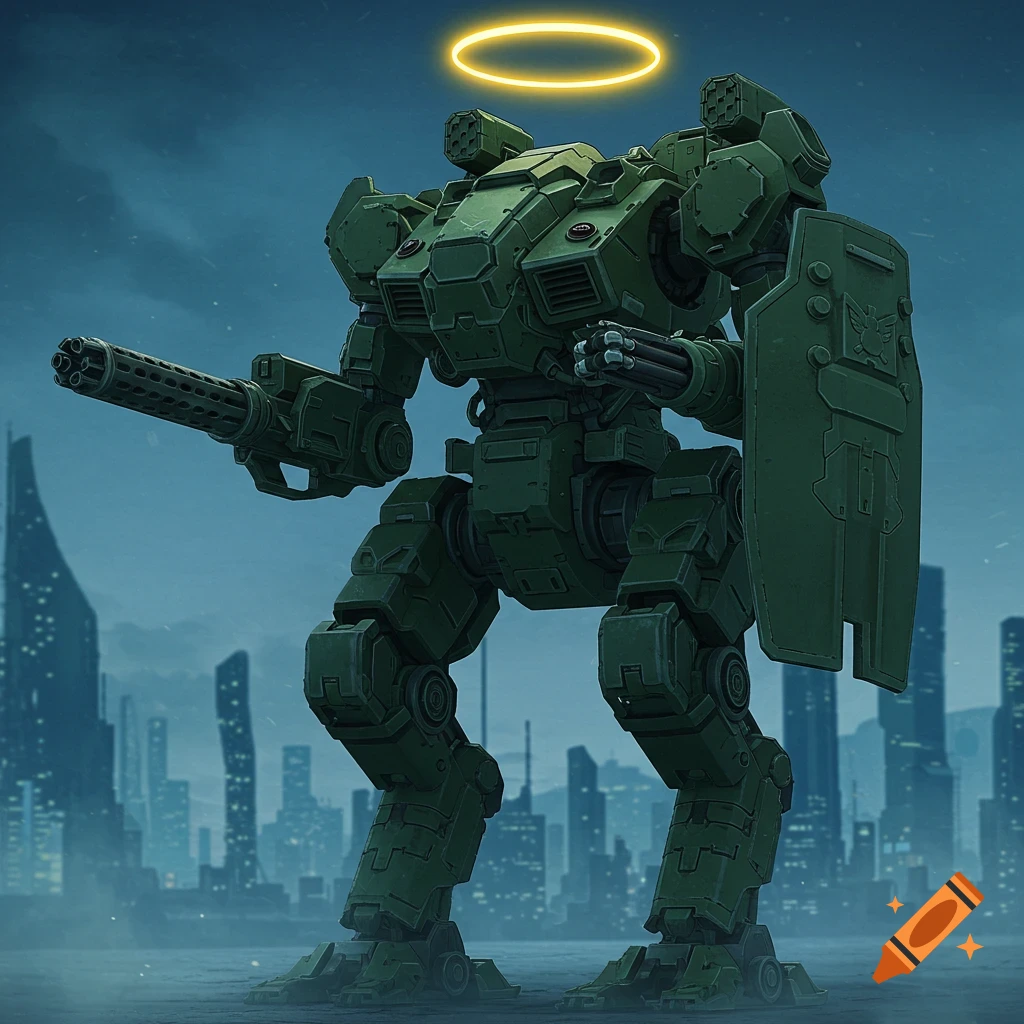 A green robot with a machine gun, shield, and halo stands in a futuristic city.