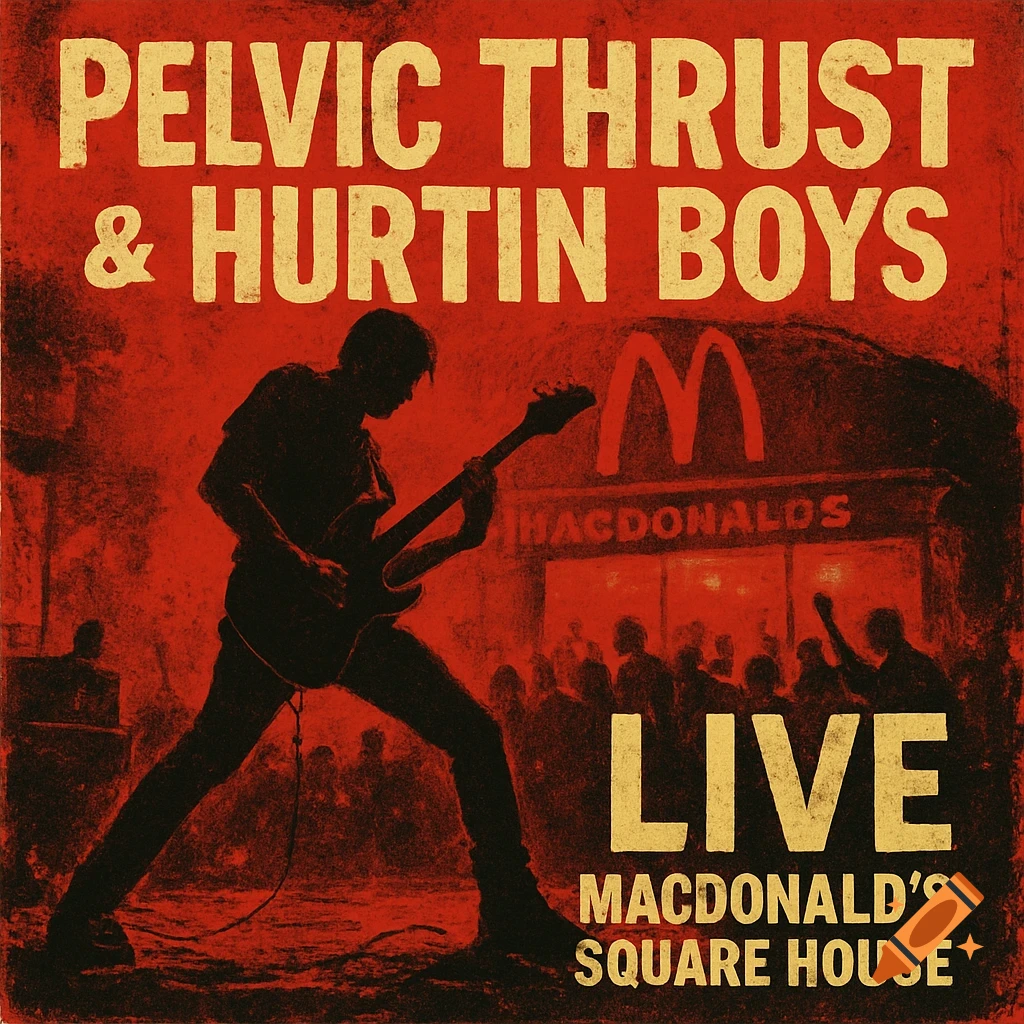 Grunge style album cover art in red and yellow, featuring a silhouette of a guitarist performing in front of a building with a large M logo, with text PELVIC THRUST & HURTIN BOYS LIVE MACDONALD'S SQUARE HOUSE.