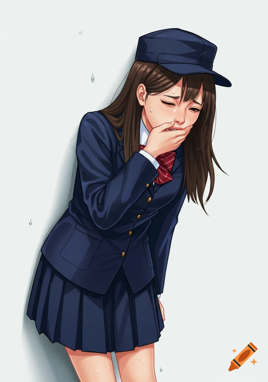 A stylized illustration of a teenager in a school uniform covering their mouth.