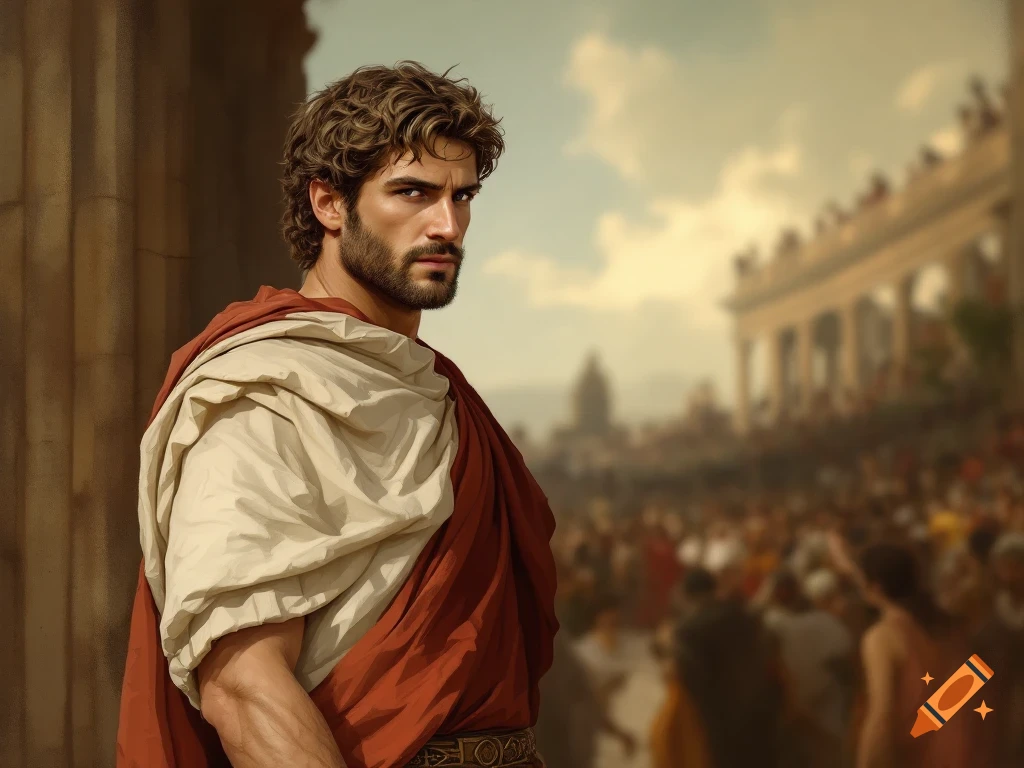 Portrait of a man in a Roman toga in front of a column with a crowd and buildings behind him.