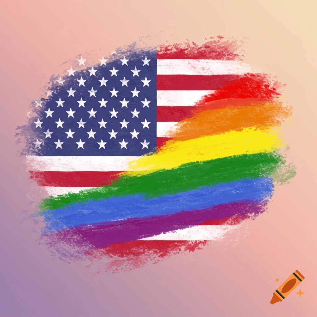 US flag combined with a pride flag in a brushstroke style