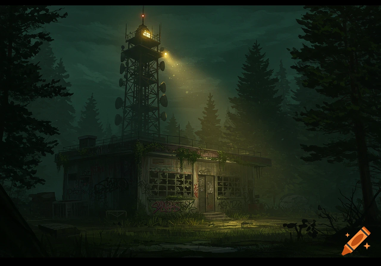 An abandoned radio station and tower stands illuminated in a dark, foggy forest.